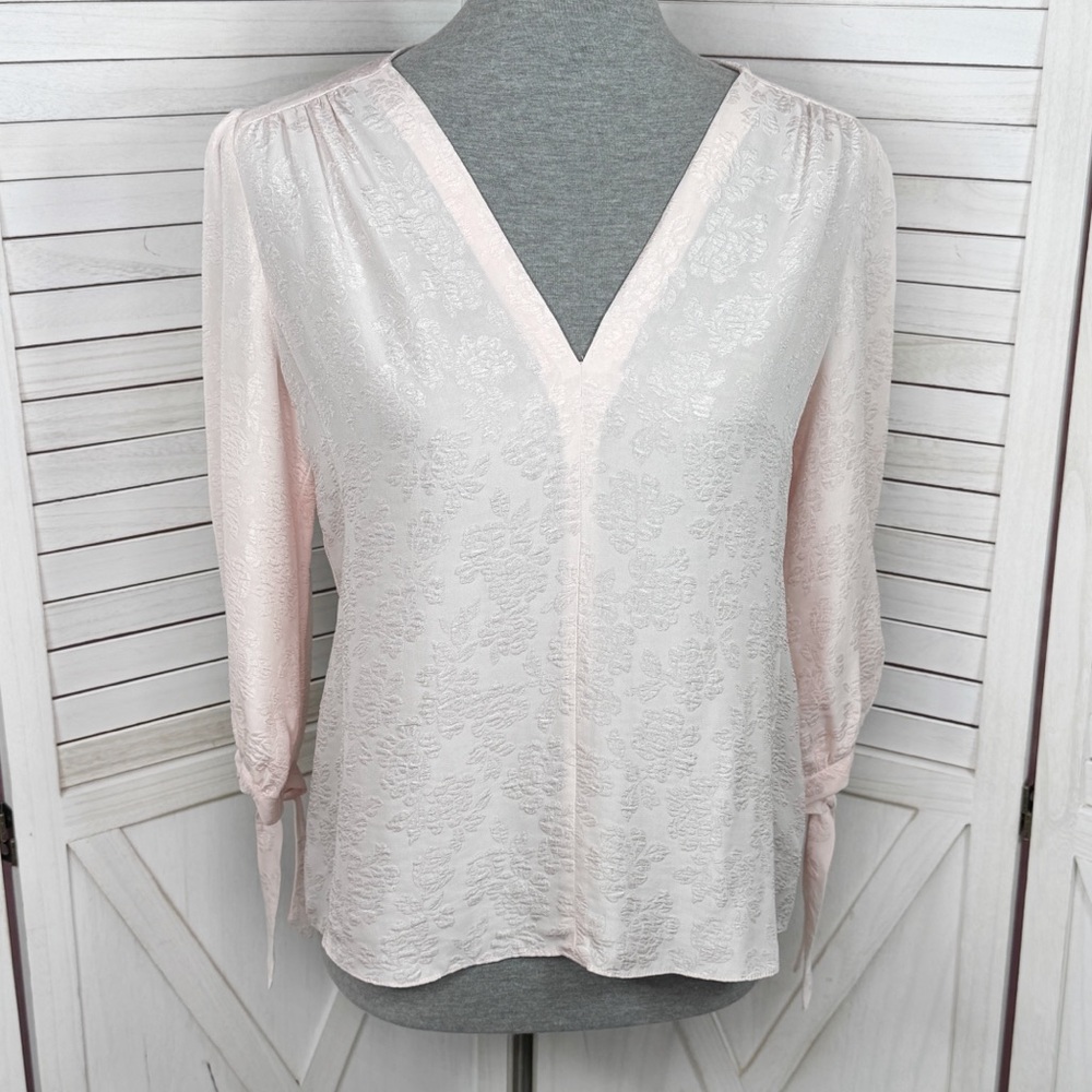 Rebecca Taylor Daniella Floral Jacquard Silk Blend 3/4 Tie Sleeve Blouse Pink 4